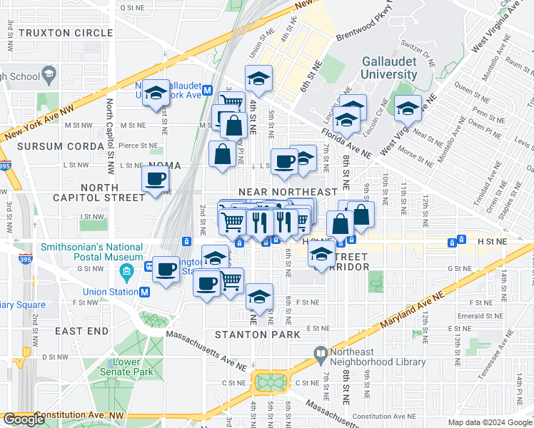 map of restaurants, bars, coffee shops, grocery stores, and more near 900 5th Street Northeast in Washington