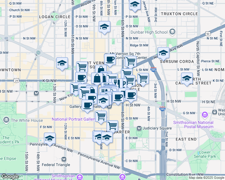map of restaurants, bars, coffee shops, grocery stores, and more near 650 Massachusetts Avenue Northwest in Washington