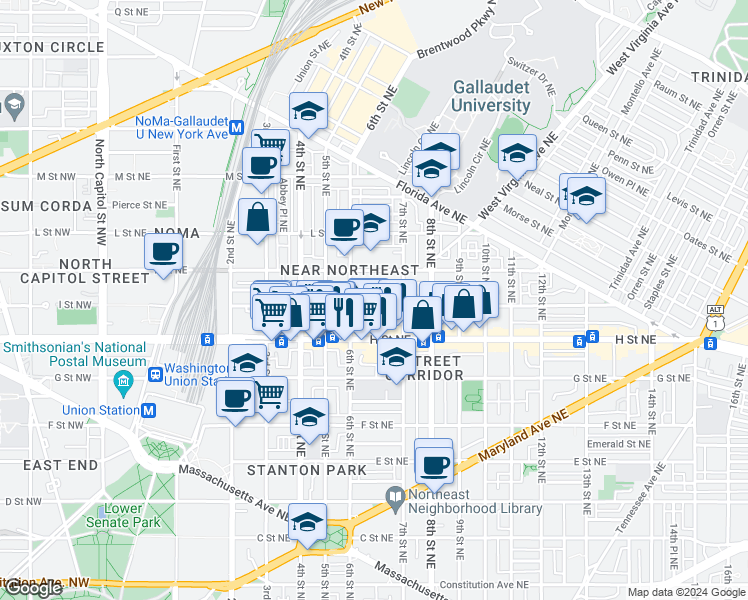 map of restaurants, bars, coffee shops, grocery stores, and more near 624 I Street Northeast in Washington
