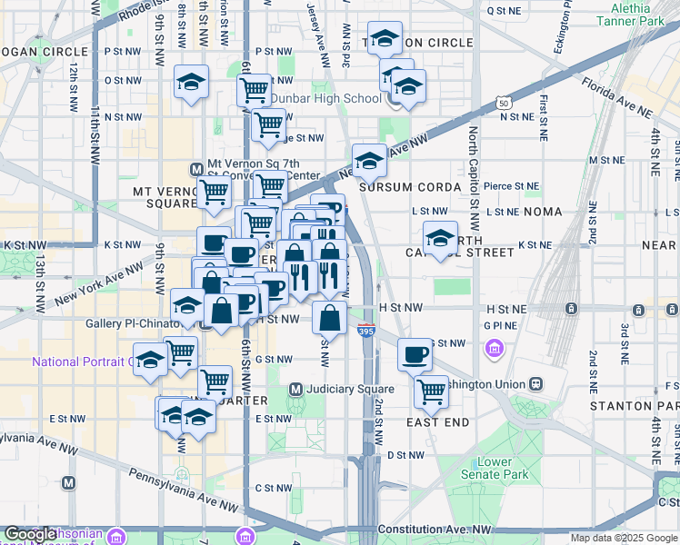 map of restaurants, bars, coffee shops, grocery stores, and more near 311 I Street Northwest in Washington