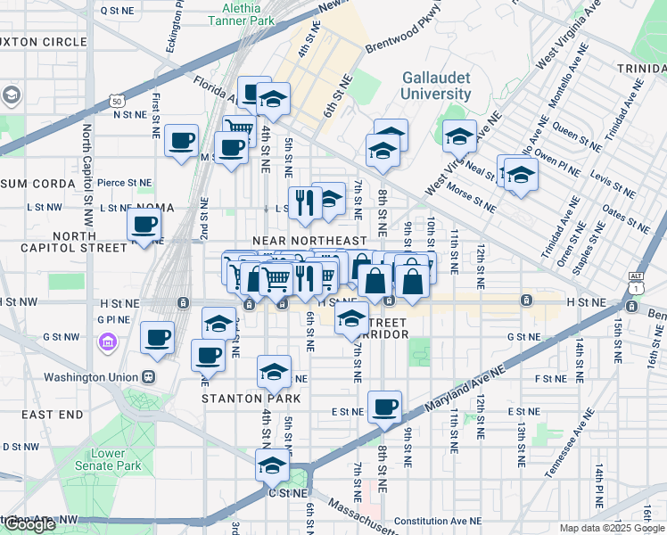 map of restaurants, bars, coffee shops, grocery stores, and more near 626 I Street Northeast in Washington
