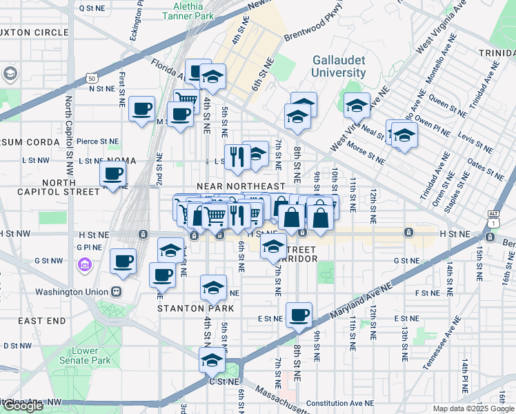 map of restaurants, bars, coffee shops, grocery stores, and more near 624 I Street Northeast in Washington