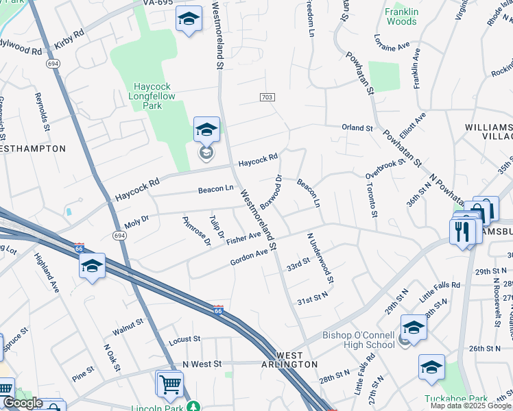 map of restaurants, bars, coffee shops, grocery stores, and more near 2211 Westmoreland Street in Falls Church