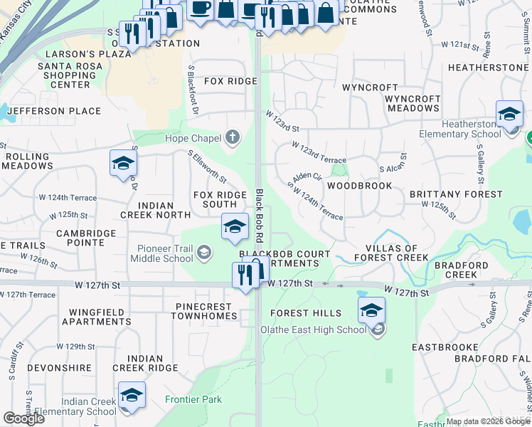 map of restaurants, bars, coffee shops, grocery stores, and more near 12520 South Constance Street in Olathe