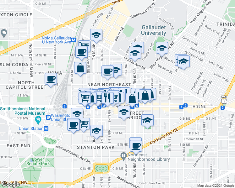 map of restaurants, bars, coffee shops, grocery stores, and more near 626 I Street Northeast in Washington