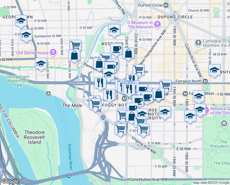 map of restaurants, bars, coffee shops, grocery stores, and more near 922 24th Street Northwest in Washington