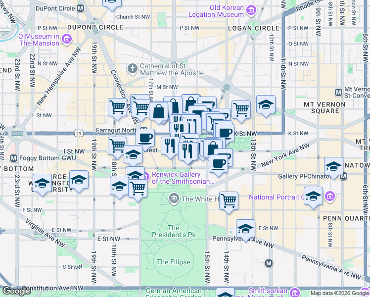 map of restaurants, bars, coffee shops, grocery stores, and more near 1575 I Street Northwest in Washington