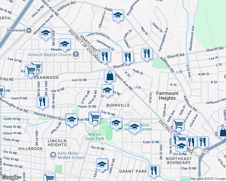 map of restaurants, bars, coffee shops, grocery stores, and more near 5324 Jay Street Northeast in Washington