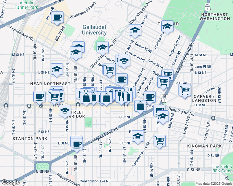 map of restaurants, bars, coffee shops, grocery stores, and more near 1220 I Street Northeast in Washington