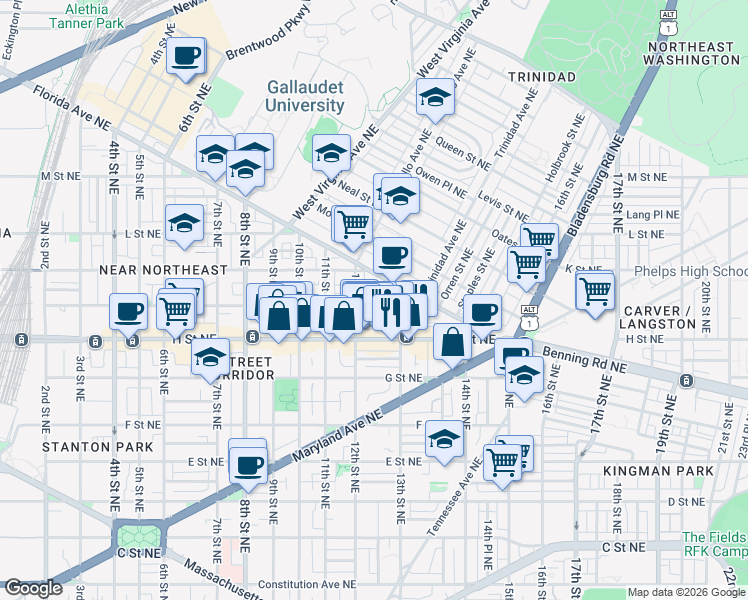 map of restaurants, bars, coffee shops, grocery stores, and more near 101 Independence Avenue Southeast in Washington
