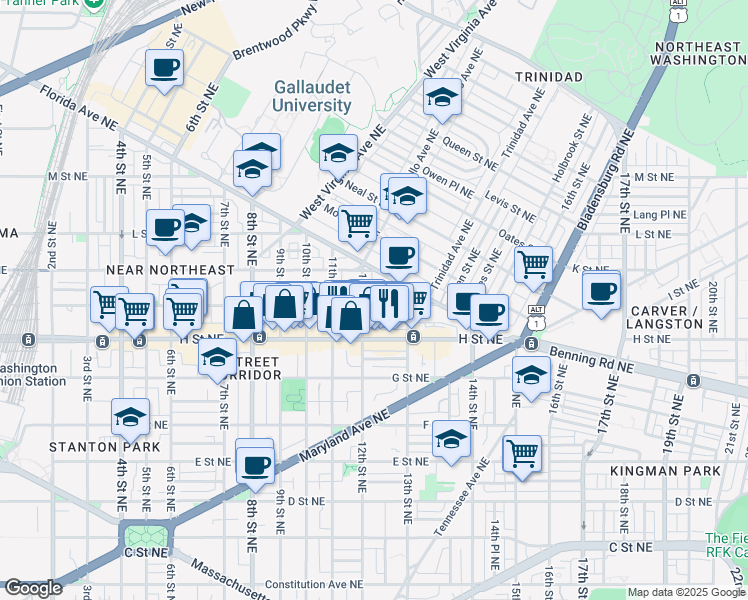 map of restaurants, bars, coffee shops, grocery stores, and more near 1208 I Street Northeast in Washington