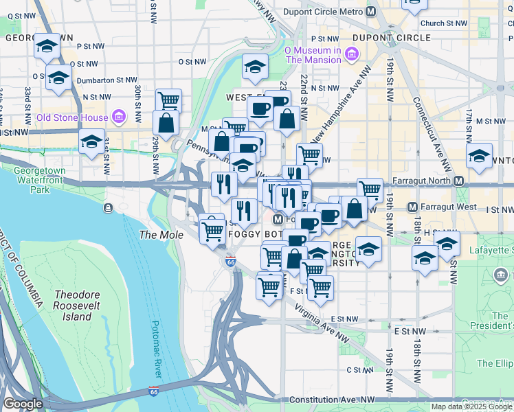 map of restaurants, bars, coffee shops, grocery stores, and more near 922 24th Street Northwest in Washington