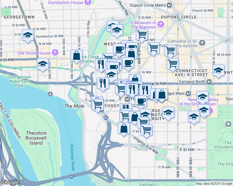 map of restaurants, bars, coffee shops, grocery stores, and more near 922 24th Street Northwest in Washington