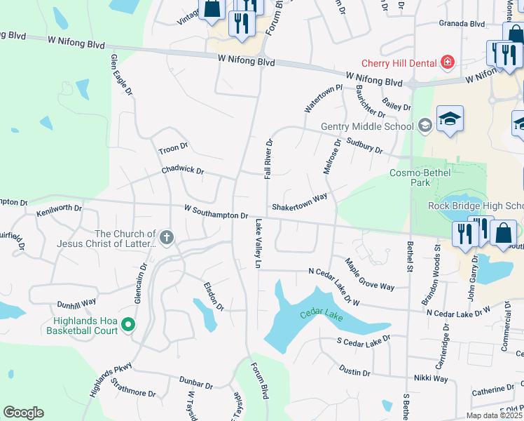 map of restaurants, bars, coffee shops, grocery stores, and more near 4511 Fall River Drive in Columbia
