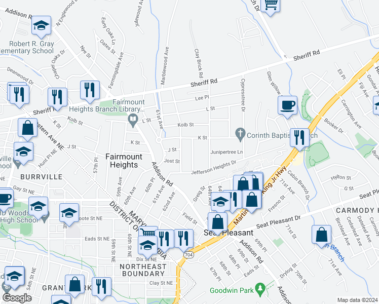 map of restaurants, bars, coffee shops, grocery stores, and more near 820 Balsamtree Place in Capitol Heights