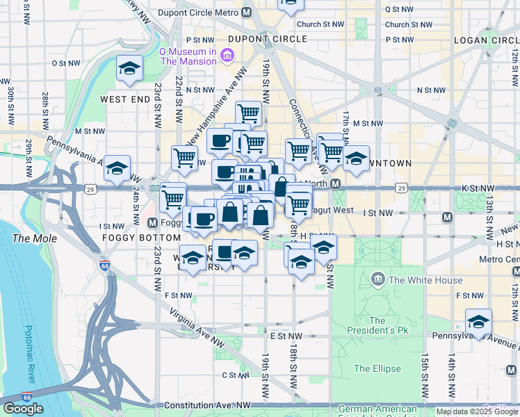 map of restaurants, bars, coffee shops, grocery stores, and more near 900 19th Street Northwest in Washington