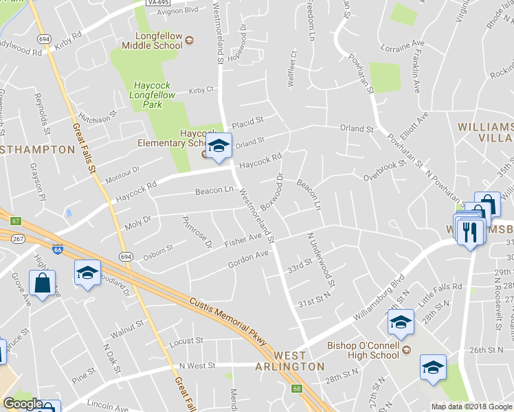 map of restaurants, bars, coffee shops, grocery stores, and more near 2211 Westmoreland Street in Falls Church