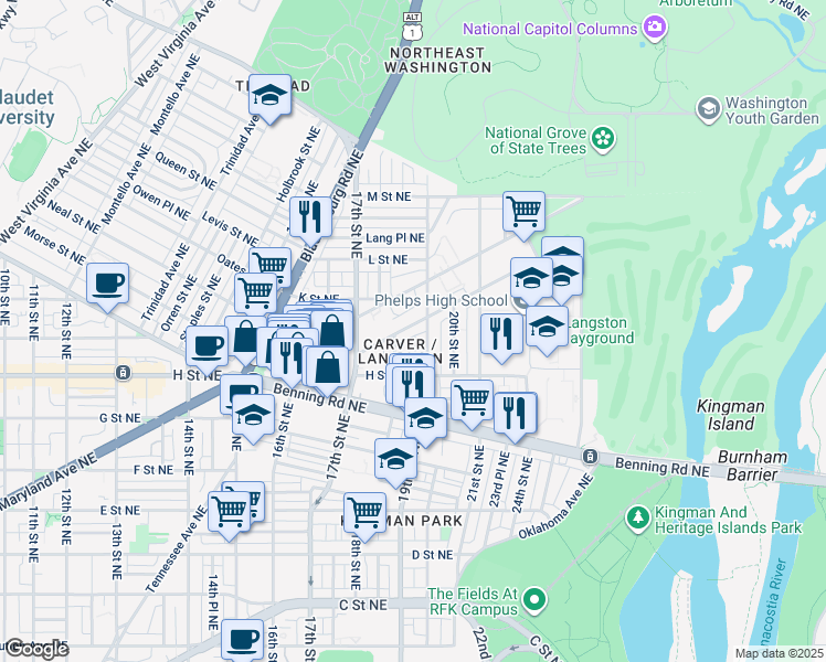 map of restaurants, bars, coffee shops, grocery stores, and more near 1821 I Street Northeast in Washington