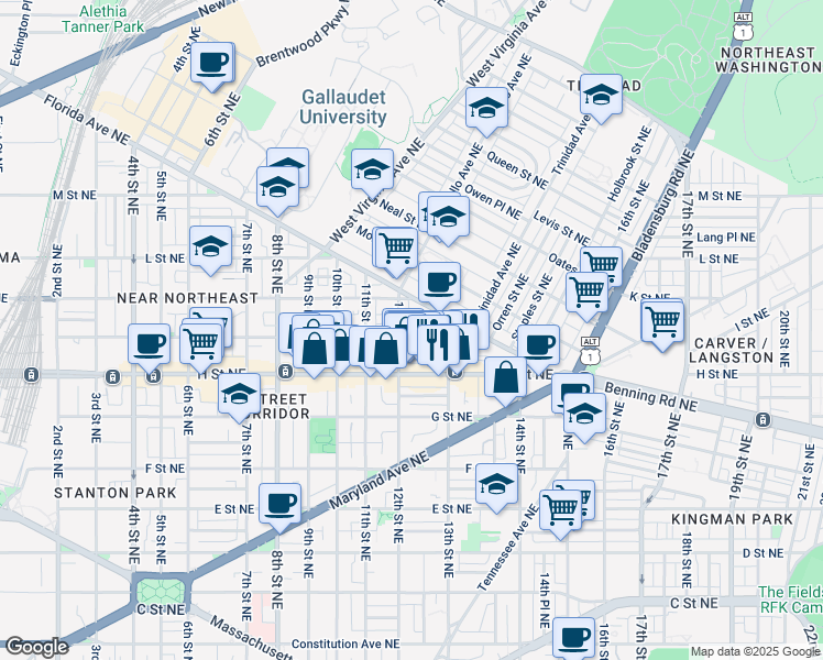 map of restaurants, bars, coffee shops, grocery stores, and more near 1208 I Street Northeast in Washington