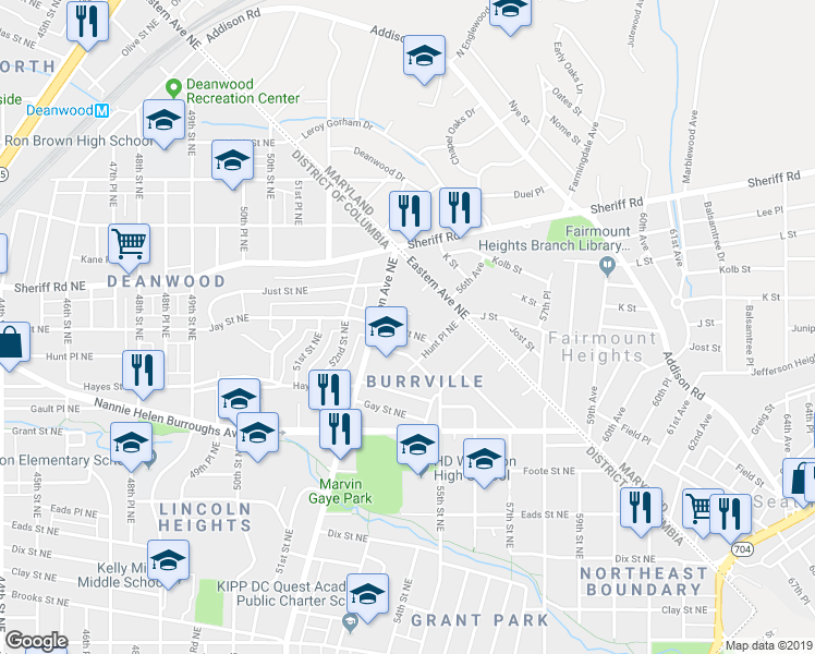 map of restaurants, bars, coffee shops, grocery stores, and more near 5324 Jay Street Northeast in Washington