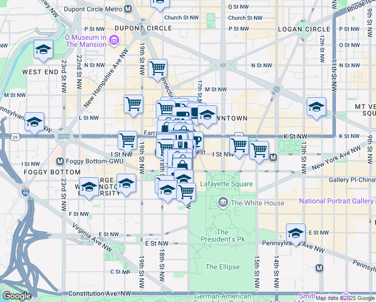 map of restaurants, bars, coffee shops, grocery stores, and more near 1714 I Street Northwest in Washington