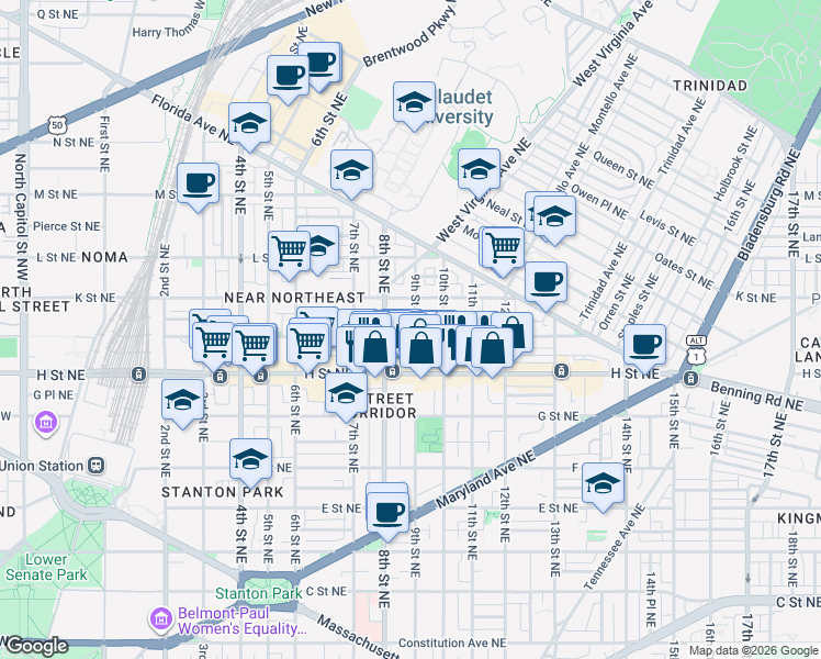 map of restaurants, bars, coffee shops, grocery stores, and more near 101 Independence Avenue Southeast in Washington