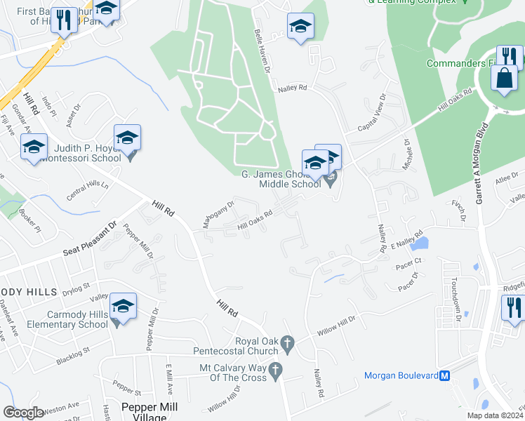 map of restaurants, bars, coffee shops, grocery stores, and more near 7290 Mahogany Drive in Hyattsville