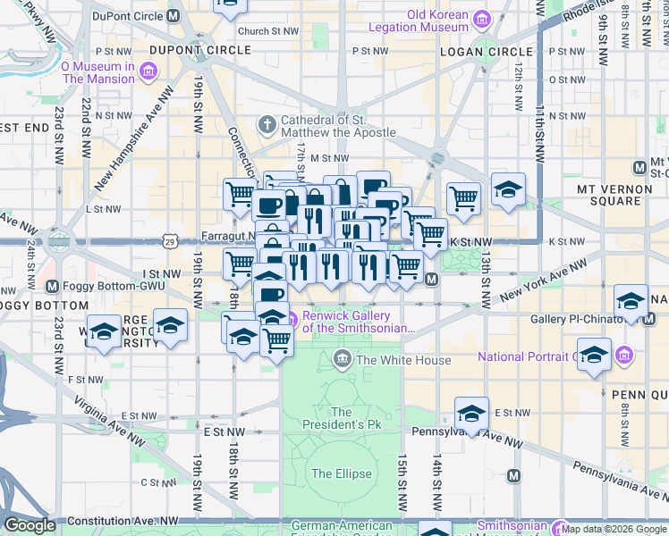 map of restaurants, bars, coffee shops, grocery stores, and more near 900 16th Street Northwest in Washington