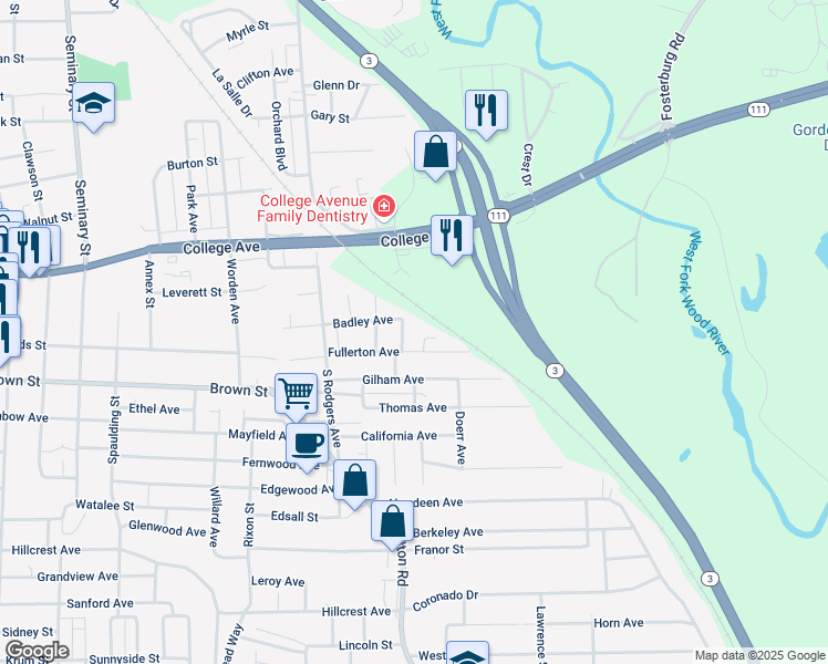 map of restaurants, bars, coffee shops, grocery stores, and more near 3526 Fullerton Avenue in Alton