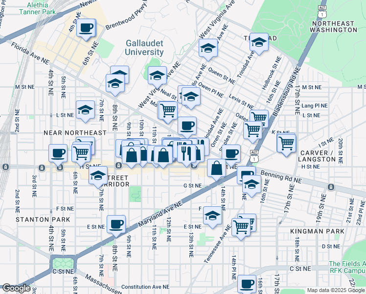 map of restaurants, bars, coffee shops, grocery stores, and more near 1230 I Street Northeast in Washington