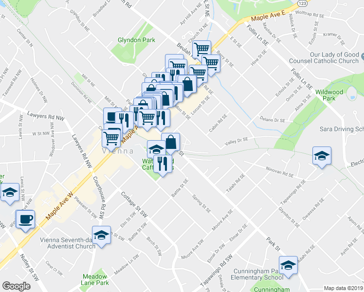 map of restaurants, bars, coffee shops, grocery stores, and more near 216 Park Terrace Court Southeast in Vienna