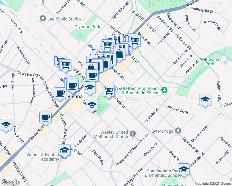 map of restaurants, bars, coffee shops, grocery stores, and more near 216 Park Terrace Court Southeast in Vienna