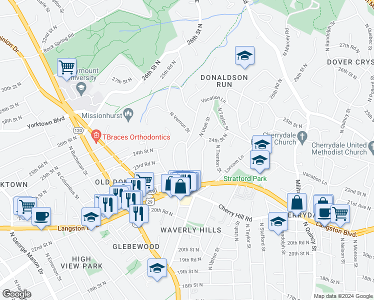 map of restaurants, bars, coffee shops, grocery stores, and more near 2311 North Vermont Street in Arlington