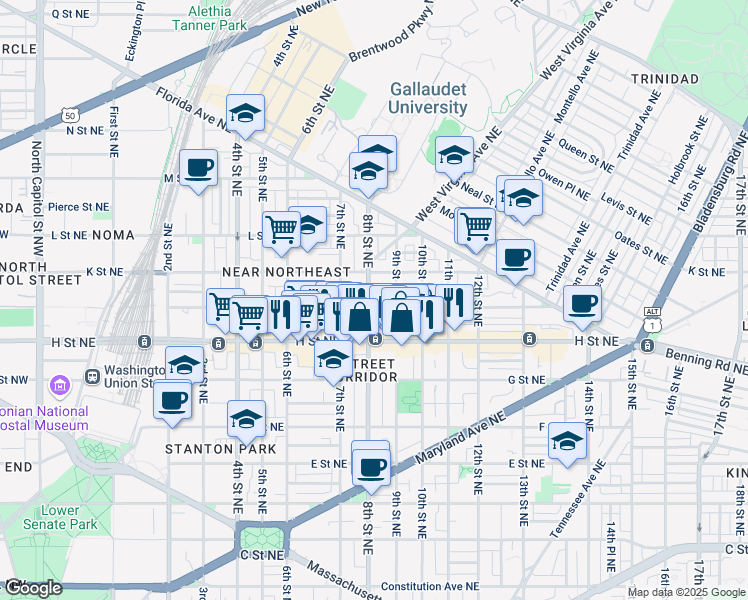 map of restaurants, bars, coffee shops, grocery stores, and more near 101 Independence Avenue Southeast in Washington