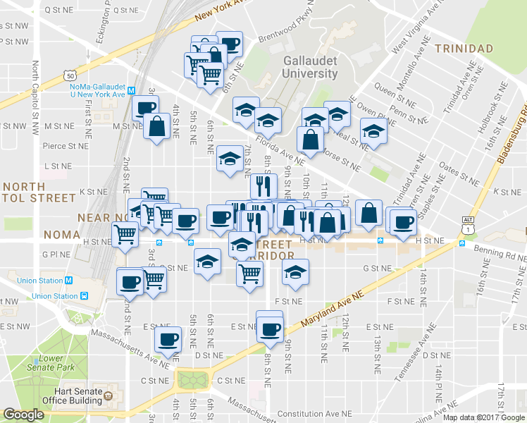 map of restaurants, bars, coffee shops, grocery stores, and more near 101 Independence Avenue Southeast in Washington