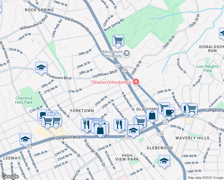 map of restaurants, bars, coffee shops, grocery stores, and more near 4824 26th Street North in Arlington