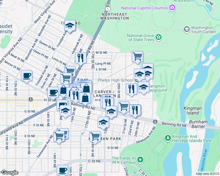 map of restaurants, bars, coffee shops, grocery stores, and more near 101 Independence Avenue Southeast in Washington