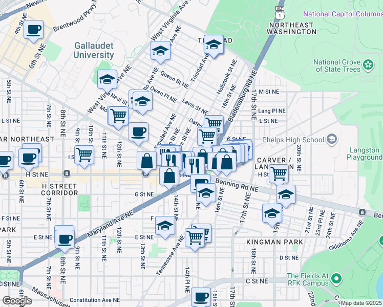 map of restaurants, bars, coffee shops, grocery stores, and more near 101 Independence Avenue Southeast in Washington