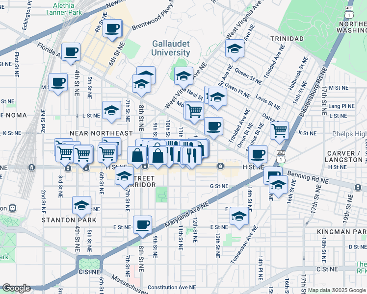map of restaurants, bars, coffee shops, grocery stores, and more near 101 Independence Avenue Southeast in Washington