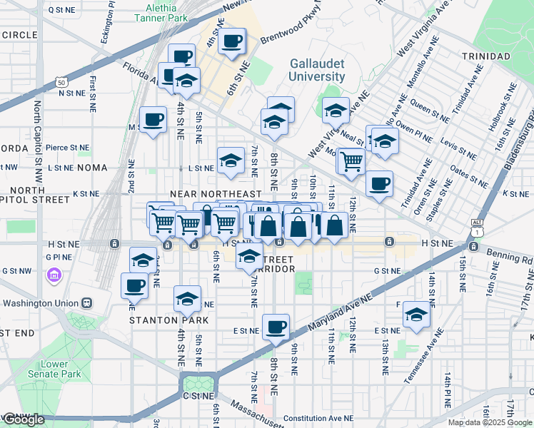 map of restaurants, bars, coffee shops, grocery stores, and more near 101 Independence Avenue Southeast in Washington