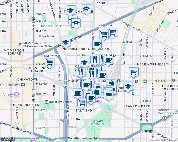 map of restaurants, bars, coffee shops, grocery stores, and more near 101 Independence Avenue Southeast in Washington