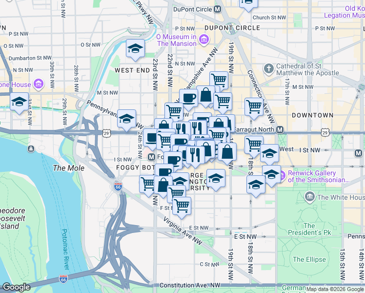 map of restaurants, bars, coffee shops, grocery stores, and more near 101 Independence Avenue Southeast in Washington