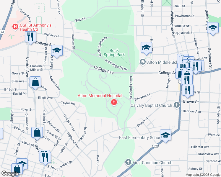 map of restaurants, bars, coffee shops, grocery stores, and more near 1 Memorial Drive in Alton