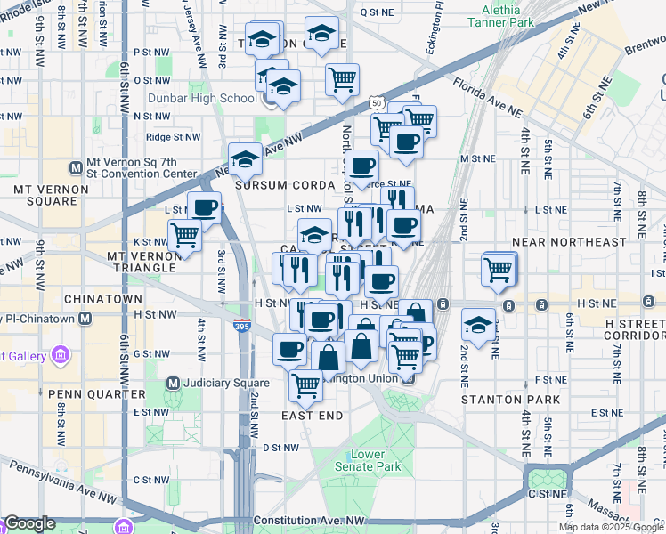 map of restaurants, bars, coffee shops, grocery stores, and more near 19 I Street Northwest in Washington