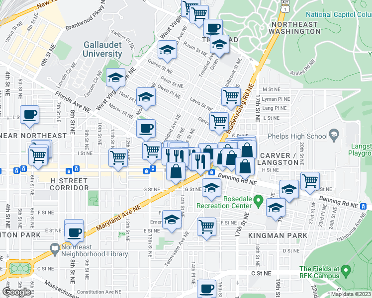 map of restaurants, bars, coffee shops, grocery stores, and more near 1123 Staples Street Northeast in Washington