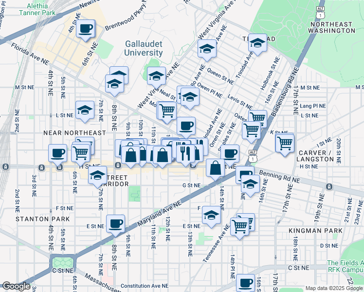 map of restaurants, bars, coffee shops, grocery stores, and more near 1230 I Street Northeast in Washington
