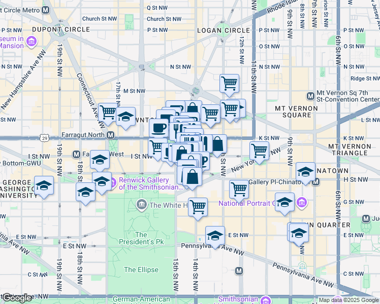 map of restaurants, bars, coffee shops, grocery stores, and more near 1401 I Street Northwest in Washington