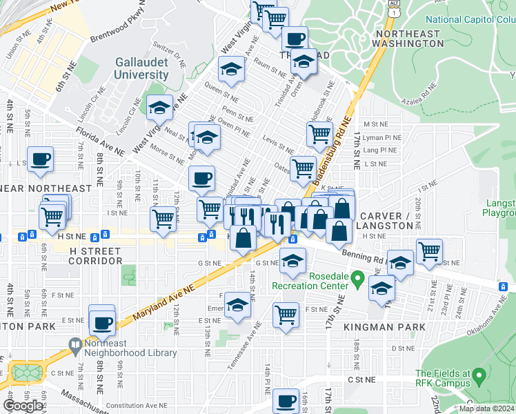 map of restaurants, bars, coffee shops, grocery stores, and more near 1123 Staples Street Northeast in Washington
