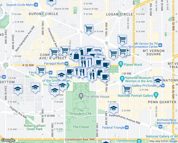 map of restaurants, bars, coffee shops, grocery stores, and more near 1555 I Street Northwest in Washington