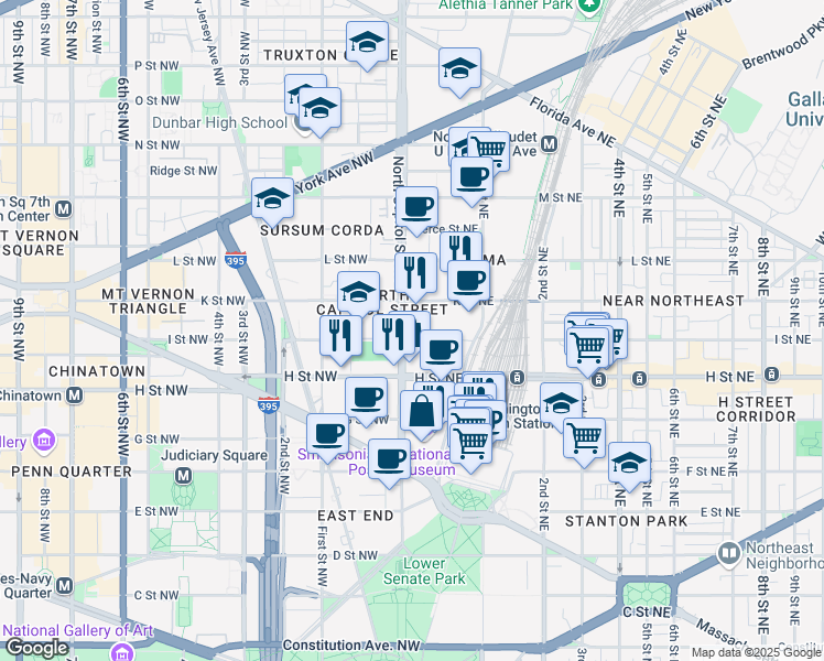 map of restaurants, bars, coffee shops, grocery stores, and more near 901 North Capitol Street Northeast in Washington